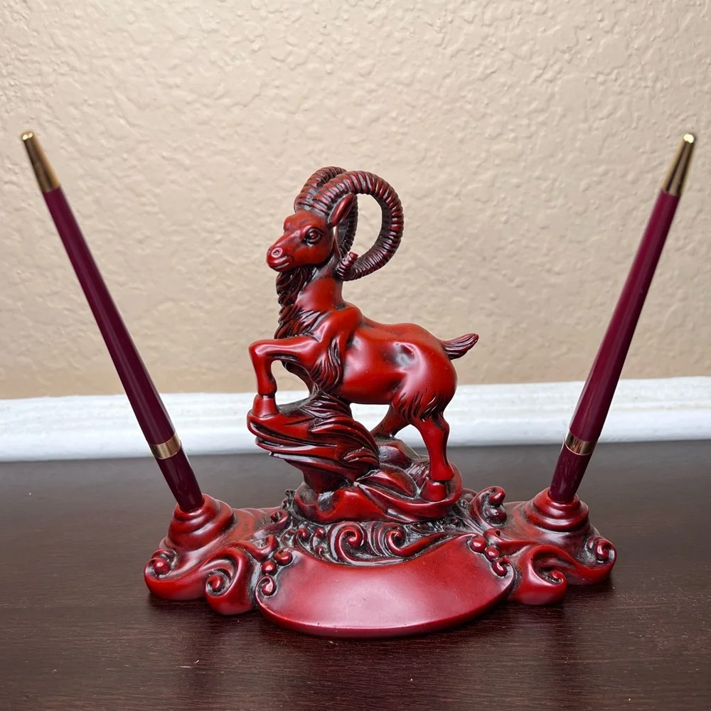 Vintage Red Resin Goat Pen Holder, Mandarin Product, Double Pen Stand